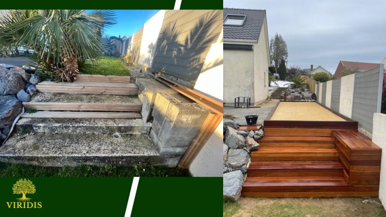 Terrain de pétanque bois exotique avec escalier au Havre – Aménagement extérieur premium